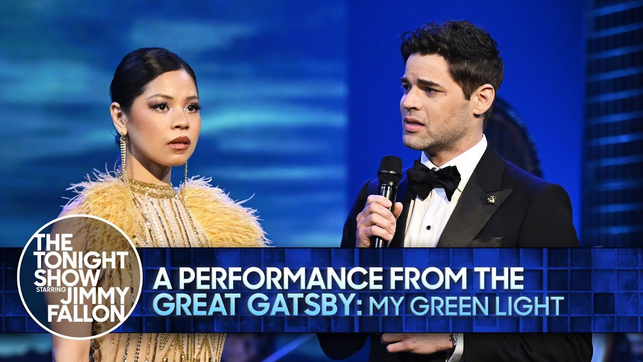 Jeremy Jordan and Eva Noblezada, as Jay Gatsby and Daisy Buchanan, perform a song from The Great Gatsby Broadway musical on The Tonight Show